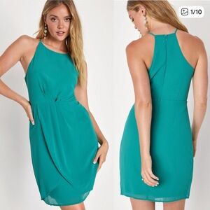 Lulus Best Wishes Teal Green Pleated Chiffon High Neck Tulip Hem Mini Dress S